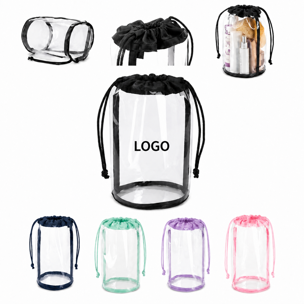 Transparent Cylinder Travel Pouch with Accent Drawstring