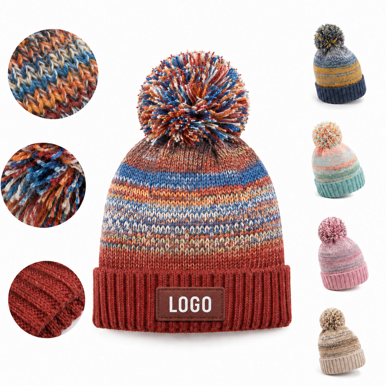 Multi-Tone Marled Knit Beanie with Contrast Pom and Branding Patch