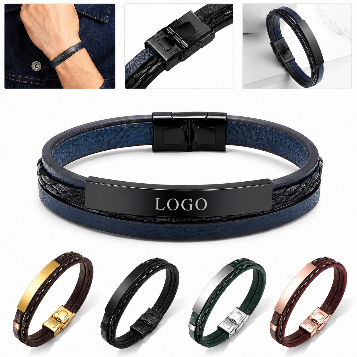 Braided Genuine Leather Wristband with Metallic ID Plate and Magnetic Clasp