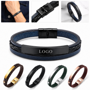 Braided Genuine Leather Wristband with Metallic ID Plate and Magnetic Clasp